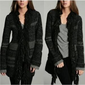 Free People Black & Gray Fringe Knit Wool Blend Open Long Cardigan Coatigan